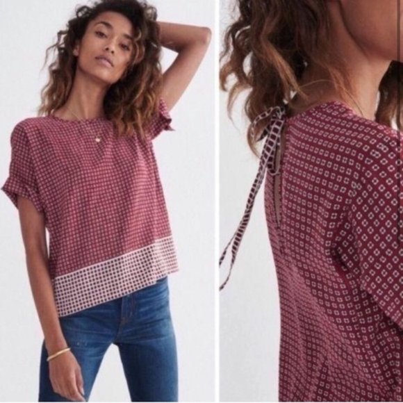 Madewell Red Print Silk Tee w/ Tie Back - Picture 1 of 8